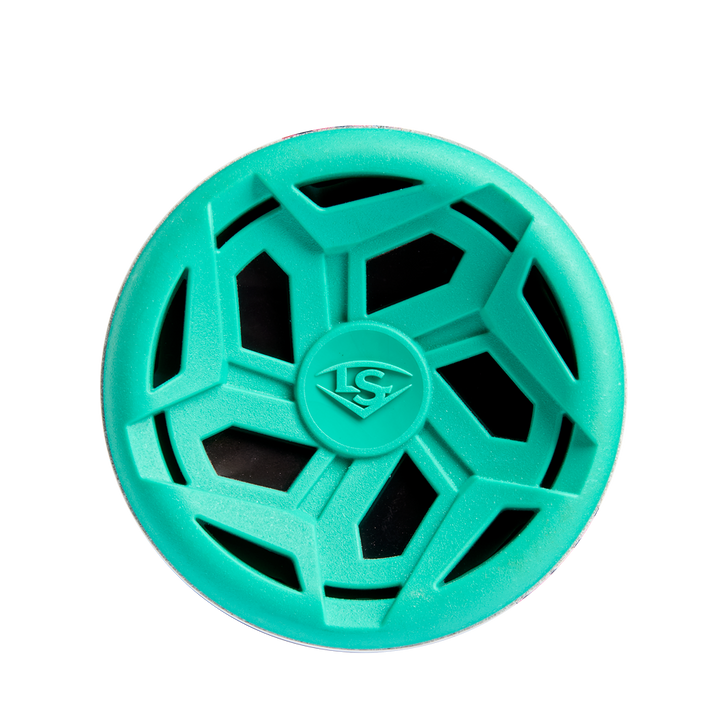 A teal, round plastic object with a web-like design and LS logoβechoing the 2025 Louisville Slugger Atlas (-10) 2 3/4" USSSA Baseball Bat: WBL2979010βis seen from above on a white background.