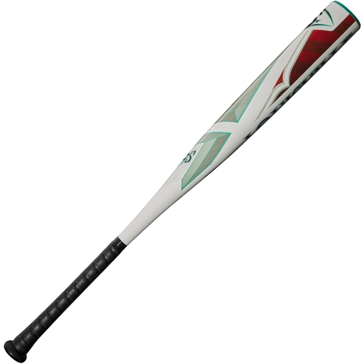 The 2025 Louisville Slugger Atlas (-5) 2 5/8" USSSA Baseball Bat (WBL2981010) features a white and silver design with red and teal accents, a black textured grip, and a balanced one-piece alloy construction.