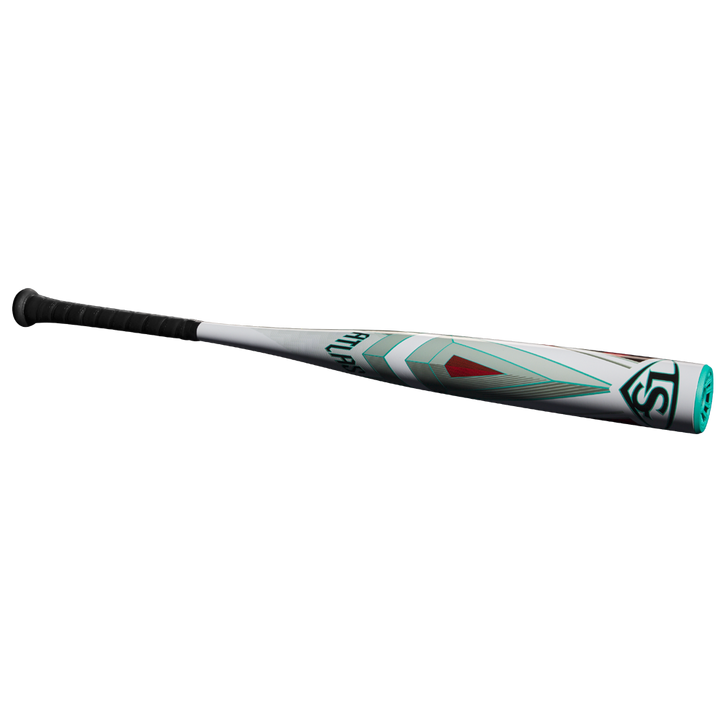 The 2025 Louisville Slugger Atlas (-5) 2 5/8" USSSA Baseball Bat (WBL2981010) features a black grip, white barrel with teal, gray, and red graphics, and is crafted as a balanced one-piece alloy for optimal performance.