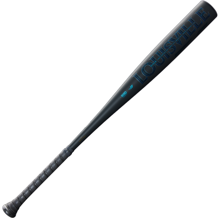 The 2025 Louisville Slugger Omaha (-3) BBCOR Baseball Bat: WBL2984010 (DEMO) is a black, one-piece alloy bat with a textured grip and “LOUISVILLE” in blue on the barrel, shown against a plain white background.