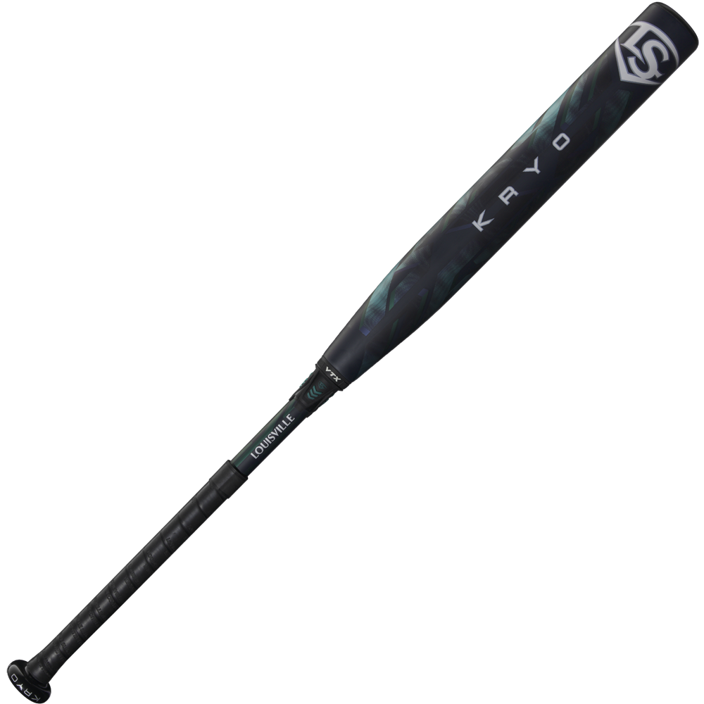 The 2025 Louisville Slugger Kryo (-9) Fastpitch Softball Bat: WBL2991010 (USED) is a black Louisville Slugger bat with a black handle, featuring the advanced GO-EX1 Barrel System.