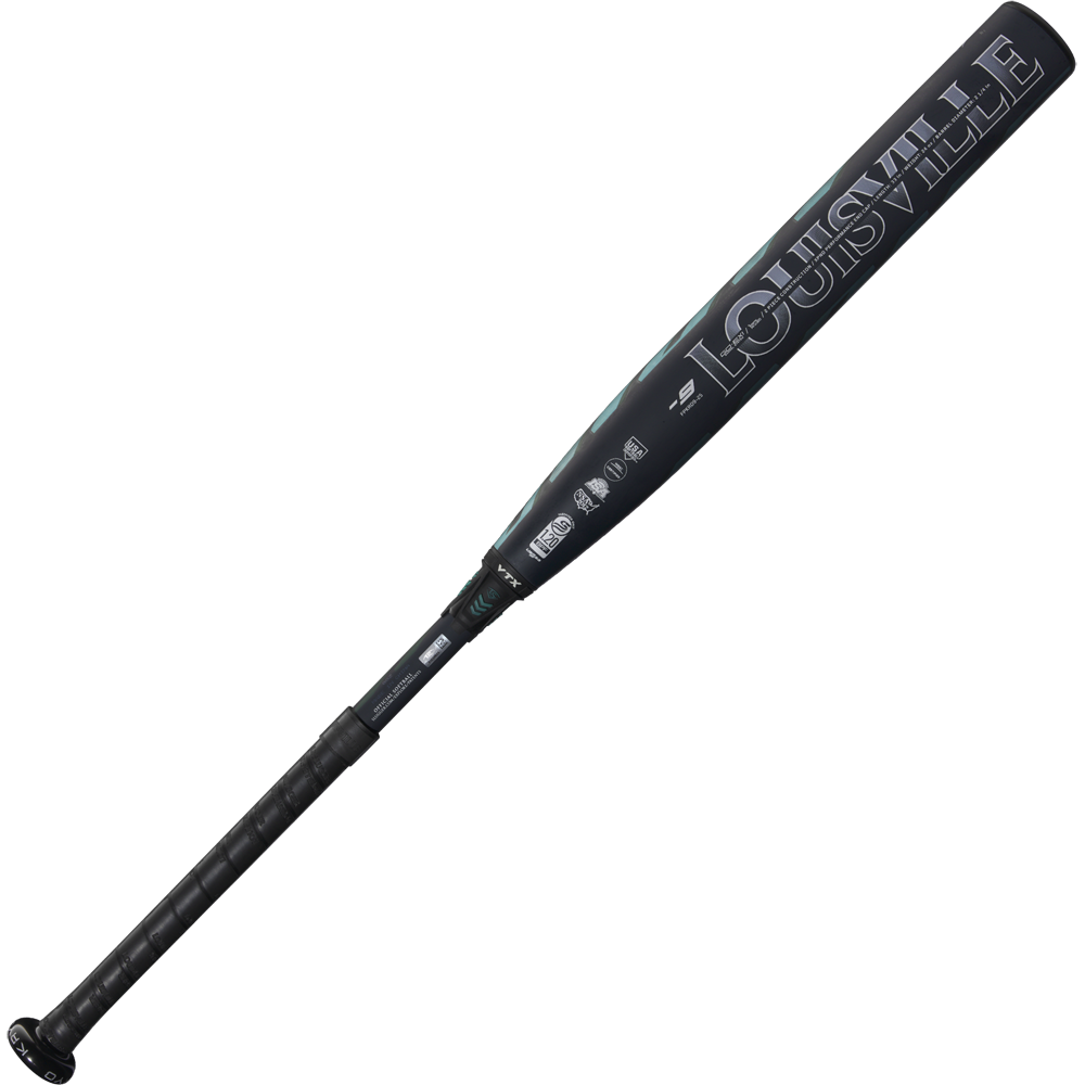 A used 2025 Louisville Slugger Kryo (-9) Fastpitch Softball Bat (WBL2991010) in black with silver accents and GO-EX1 Barrel System branding is shown on a plain white background.