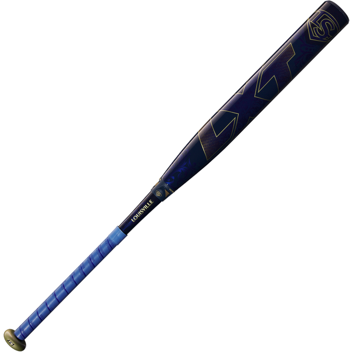 A 2025 Louisville Slugger LXT (-11) Fastpitch Softball Bat (WBL2993010) in blue and black with gold accents, LT letters on the barrel, a blue grip, and the Louisville Slugger brand name near the handle.