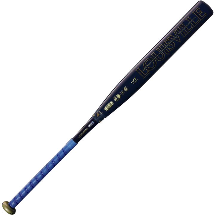 A 2025 Louisville Slugger LXT (-11) Fastpitch Softball Bat (WBL2993010) is displayed on a white background, featuring a black barrel with gold lettering and a blue grip tape handle.