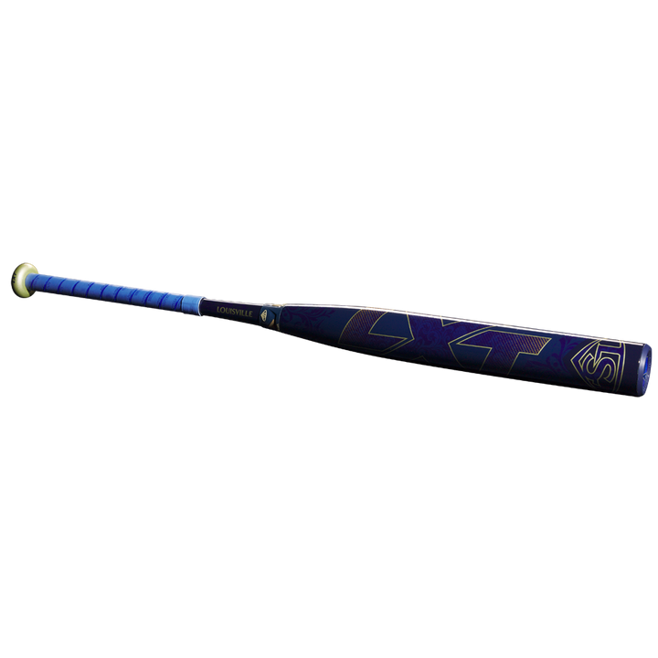The 2025 Louisville Slugger LXT (-11) Fastpitch Softball Bat (WBL2993010) features a blue and black design with a blue grip and gold accents, shown on a white background.