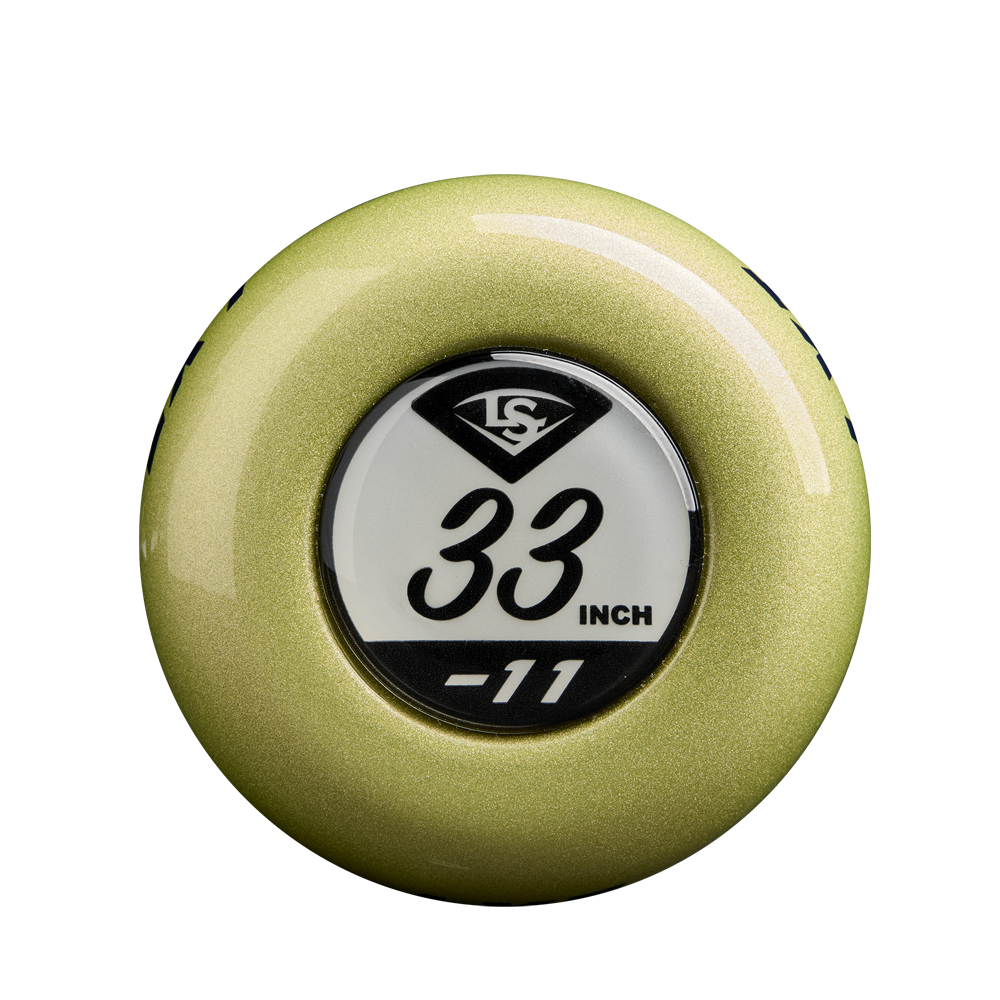 Gold bat knob featuring a white label with the Louisville Slugger LXT logo, 33-inch length, and -11—ideal for collectors or to complete your 2025 Louisville Slugger LXT (-11) Fastpitch Softball Bat (WBL2993010).