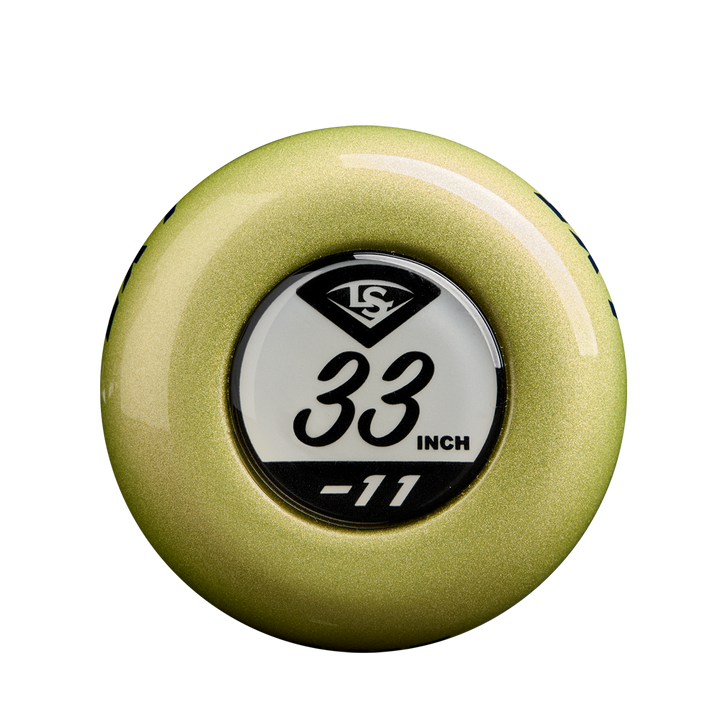 Gold bat knob featuring a white label with the Louisville Slugger LXT logo, 33-inch length, and -11—ideal for collectors or to complete your 2025 Louisville Slugger LXT (-11) Fastpitch Softball Bat (WBL2993010).