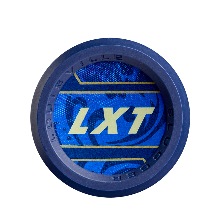 Close-up of the 2025 Louisville Slugger LXT (-11) Fastpitch Softball Bat (WBL2993010) end cap, showing the yellow LXT logo on a patterned blue background.
