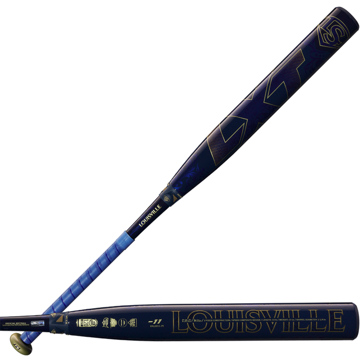 Two dark blue Louisville Slugger LXT (-11) Fastpitch Softball Bats (2025, WBL2993010) are shown—one flat, one upright—with gold accents, branding, logos, and blue grip tape on the handles from Louisville Slugger.