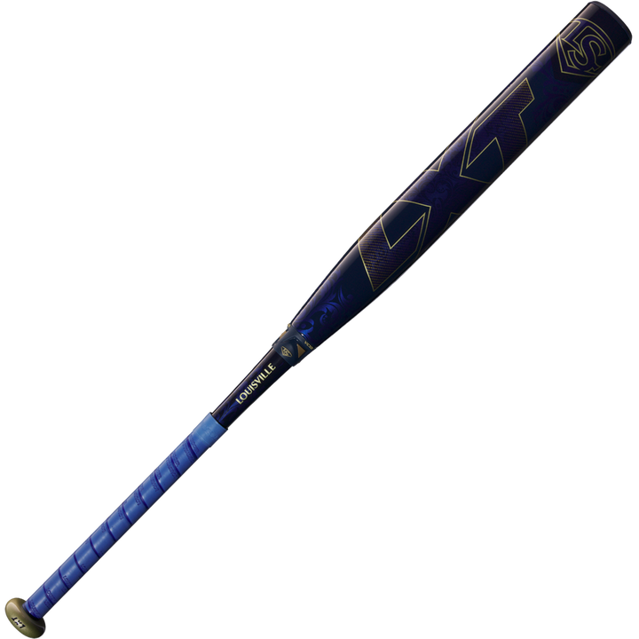 The 2025 Louisville Slugger LXT (-10) Fastpitch Softball Bat (WBL2994010) features a blue and black design with gold lettering, a wrapped grip, and the Louisville Slugger name near the handle.