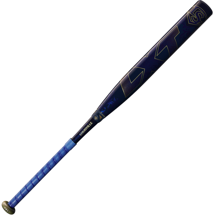 The 2025 Louisville Slugger LXT (-9) Fastpitch Softball Bat (WBL2995010) features a blue and black design with gold accents, âLouisvilleâ on the handle, and a bold âXTâ logo on the barrel, shown isolated on a white background.