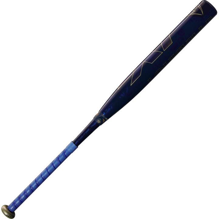 The 2025 Louisville Slugger LXT (-9) Fastpitch Softball Bat (WBL2995010), featuring a blue and black design with a metallic knob and blue grip, is displayed diagonally on a white background.