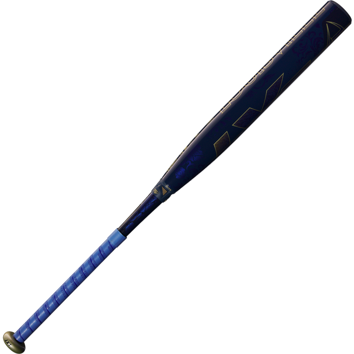 The 2025 Louisville Slugger LXT (-9) Fastpitch Softball Bat (WBL2995010) features a blue and black design with a light blue grip and gold accents, displayed against a white background.