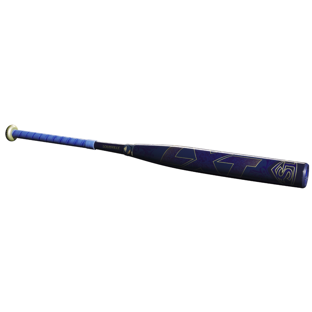 The 2025 Louisville Slugger LXT (-9) Fastpitch Softball Bat (WBL2995010) features blue and black colors, a blue grip, and gold accents, displayed on a plain white background.