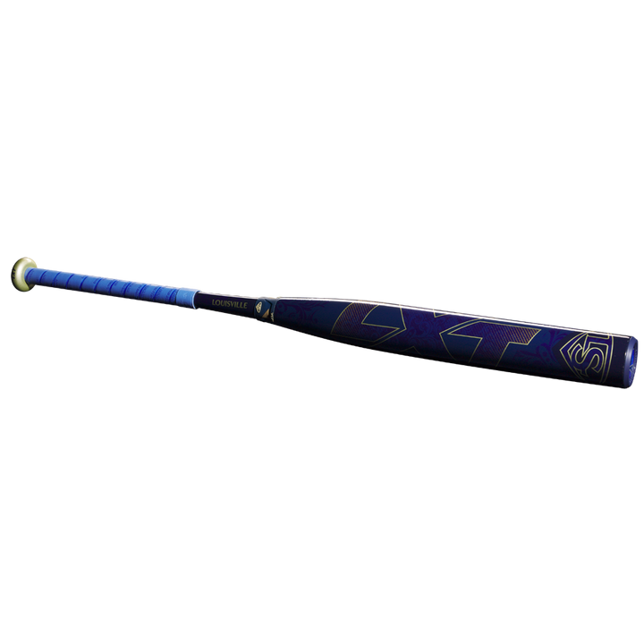 The 2025 Louisville Slugger LXT (-9) Fastpitch Softball Bat (WBL2995010) features blue and black colors, a blue grip, and gold accents, displayed on a plain white background.