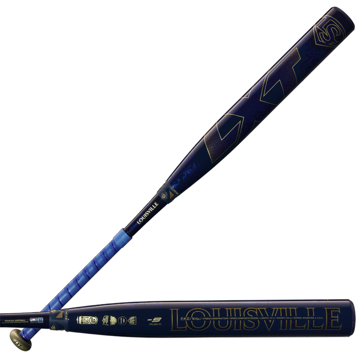 Two views of the 2025 Louisville Slugger LXT (-9) Fastpitch Softball Bat (WBL2995010) in blue with gold lettering, showcasing brand logos and a patterned blue grip on the handle.