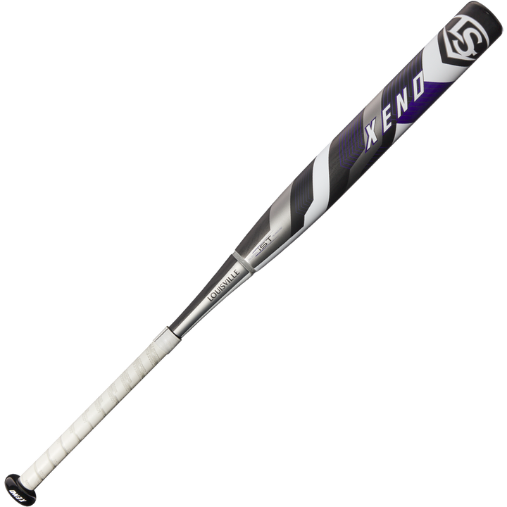 The 2025 Louisville Slugger Xeno (-10) Fastpitch Softball Bat (WBL2996010) features stiff two-piece construction, a dual-disc composite barrel, and a white grip with a black, purple, and white designâshown on a plain white background.
