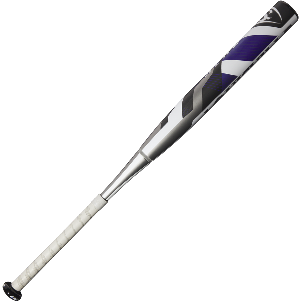 The 2025 Louisville Slugger Xeno (-10) Fastpitch Softball Bat (WBL2996010) features a silver and purple design with a white grip, stiff two-piece construction, and is showcased on a plain white background.