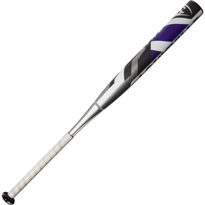 The 2025 Louisville Slugger Xeno (-10) Fastpitch Softball Bat (WBL2996010) features a silver and purple design with a white grip, stiff two-piece construction, and is showcased on a plain white background.