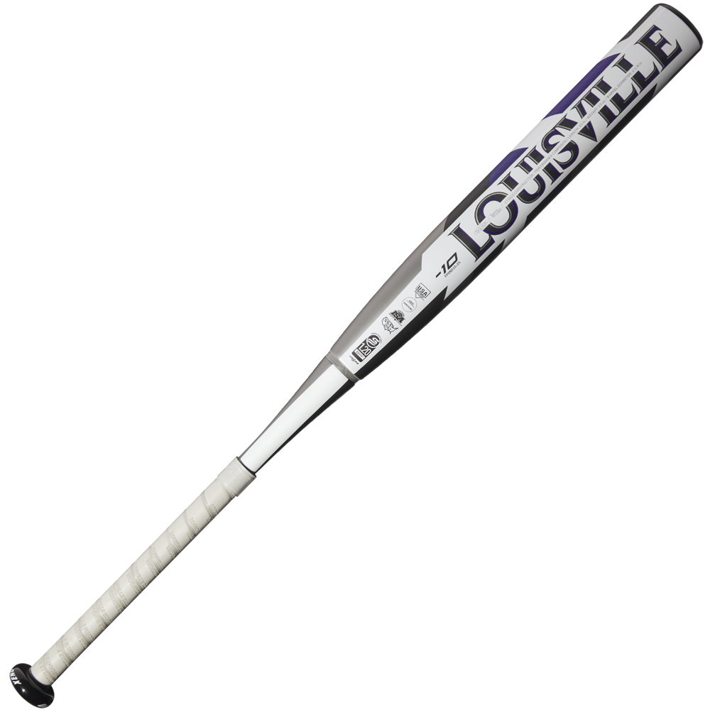 The 2025 Louisville Slugger Xeno (-10) Fastpitch Softball Bat (WBL2996010) features a silver and white dual-disc composite barrel with bold Louisville branding and a white taped handle for a secure grip.