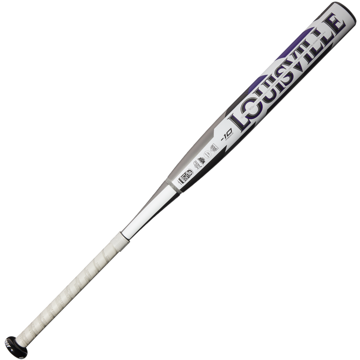 The 2025 Louisville Slugger Xeno (-10) Fastpitch Softball Bat (WBL2996010) features a silver and white dual-disc composite barrel with bold Louisville branding and a white taped handle for a secure grip.