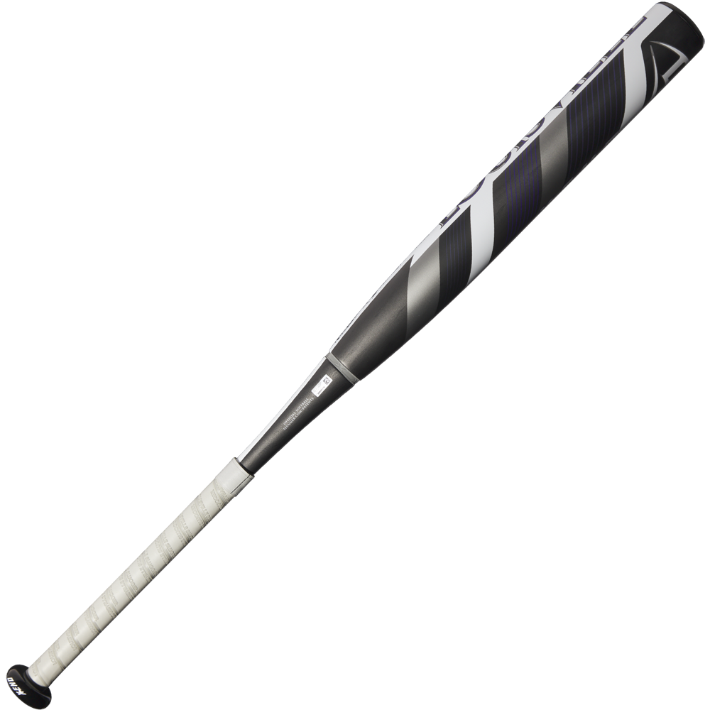 The 2025 Louisville Slugger Xeno (-10) Fastpitch Softball Bat (WBL2996010), in silver and black with a white grip and stiff two-piece construction, is displayed on a plain white background.