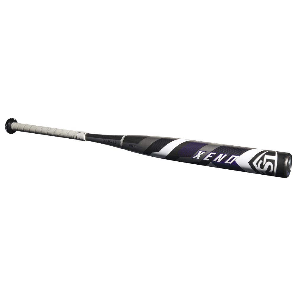 A black and white 2025 Louisville Slugger Xeno (-10) Fastpitch Softball Bat (WBL2996010) with a wrapped grip and dual-disc composite barrel, displayed diagonally on a plain white background.
