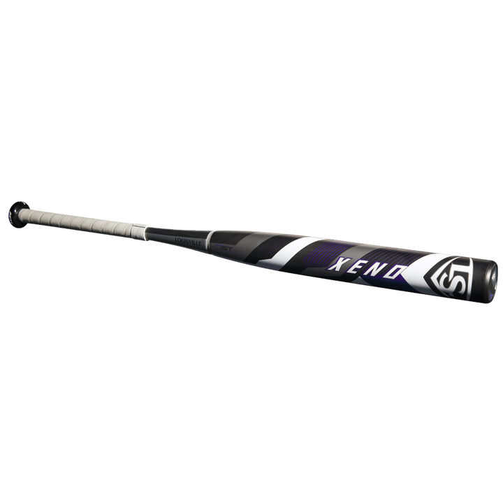A black and white 2025 Louisville Slugger Xeno (-10) Fastpitch Softball Bat (WBL2996010) with a wrapped grip and dual-disc composite barrel, displayed diagonally on a plain white background.