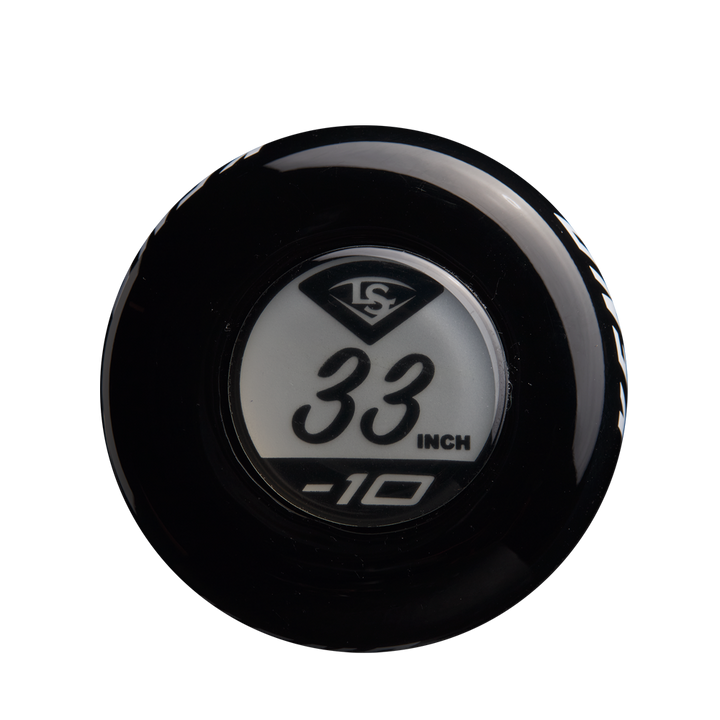 Close-up of the end cap on the 2025 Louisville Slugger Xeno (-10) Fastpitch Softball Bat, showing "33 INCH" and "-10" in white, a logo above, and stiff two-piece construction for optimal performance.