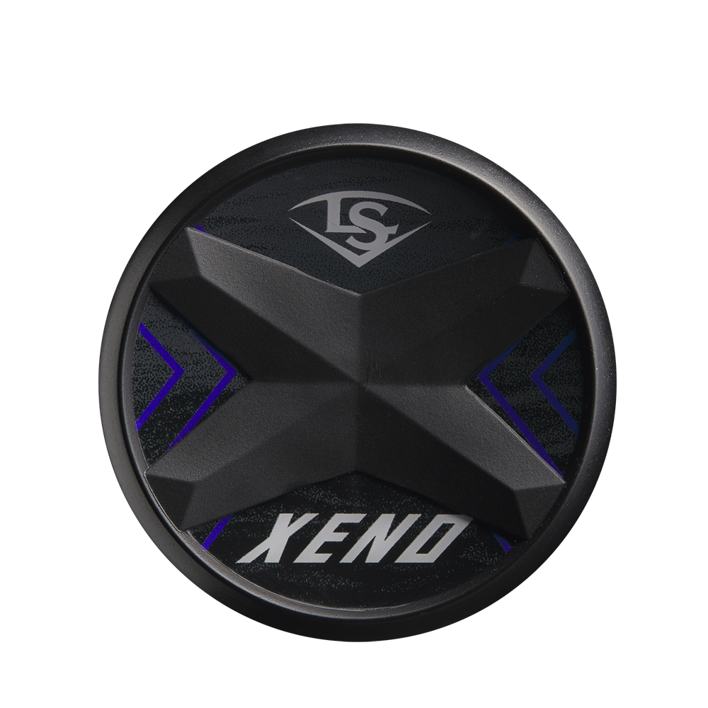 A black circular object with a raised X design, blue accents, and âXENOâ in bold white letters at the bottom recalls the sleek style of the Louisville Slugger 2025 Xeno (-10) Fastpitch Softball Bat: WBL2996010, famed for its stiff two-piece build.