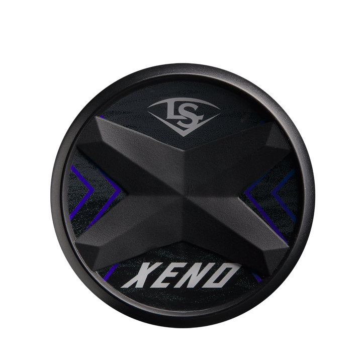 A black circular object with a raised X design, blue accents, and âXENOâ in bold white letters at the bottom recalls the sleek style of the Louisville Slugger 2025 Xeno (-10) Fastpitch Softball Bat: WBL2996010, famed for its stiff two-piece build.