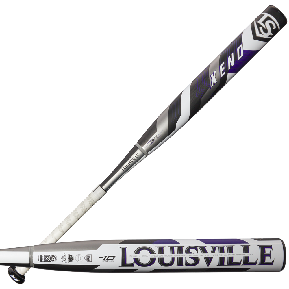 Two views of the 2025 Louisville Slugger Xeno (-10) Fastpitch Softball Bat (WBL2996010) in black, silver, and purple, showcasing bold branding and a dual-disc composite barrel for top performance.