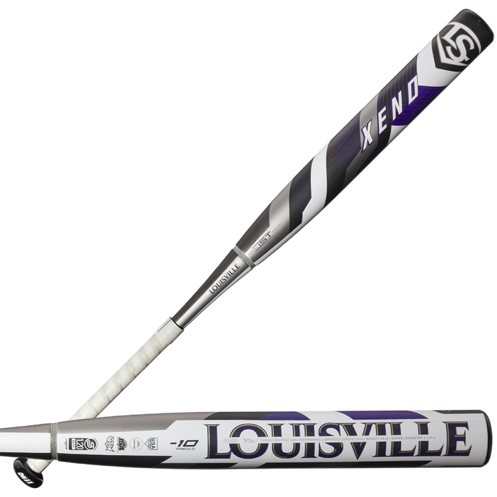 Two views of the 2025 Louisville Slugger Xeno (-10) Fastpitch Softball Bat (WBL2996010) in black, silver, and purple, showcasing bold branding and a dual-disc composite barrel for top performance.