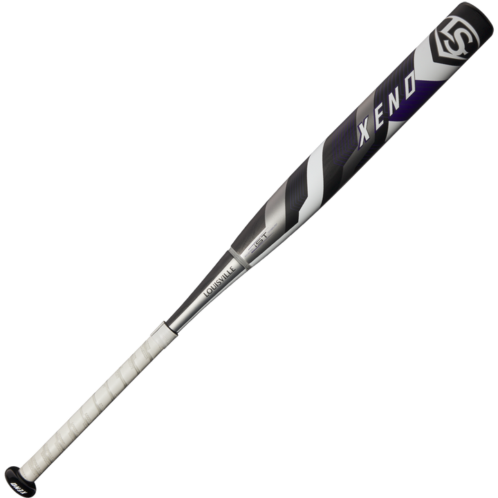 The 2025 Louisville Slugger Xeno (-9) Fastpitch Softball Bat (WBL2997010) features a black, silver, and purple design with a white grip handle and a durable composite barrel, shown on a plain white background.