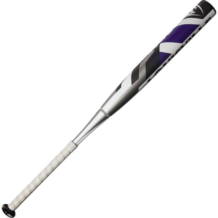 The 2025 Louisville Slugger Xeno (-9) Fastpitch Softball Bat (WBL2997010) features a metallic finish with a white grip-taped handle and a silver, black, and purple barrel design on a plain white background.