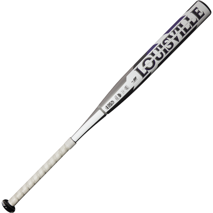 The 2025 Louisville Slugger Xeno (-9) Fastpitch Softball Bat (WBL2997010) features a silver and black composite barrel, white grip, and the prominent LOUISVILLE logo on the barrel.