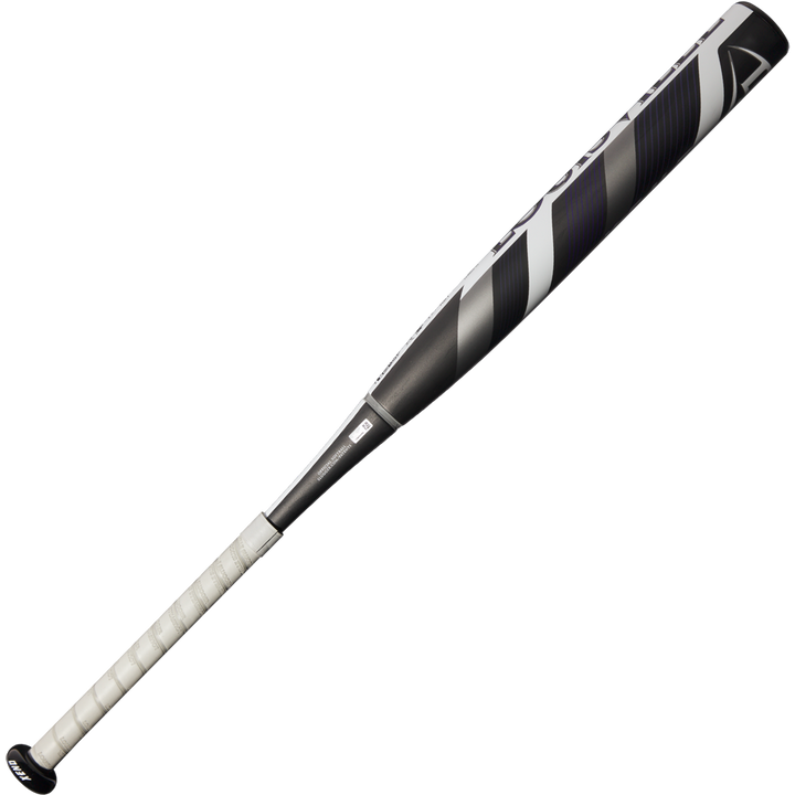 The 2025 Louisville Slugger Xeno (-9) Fastpitch Softball Bat (WBL2997010) features a black and silver composite barrel, white grip with diagonal stripes, and brand logo near the barrel, shown against a white background.