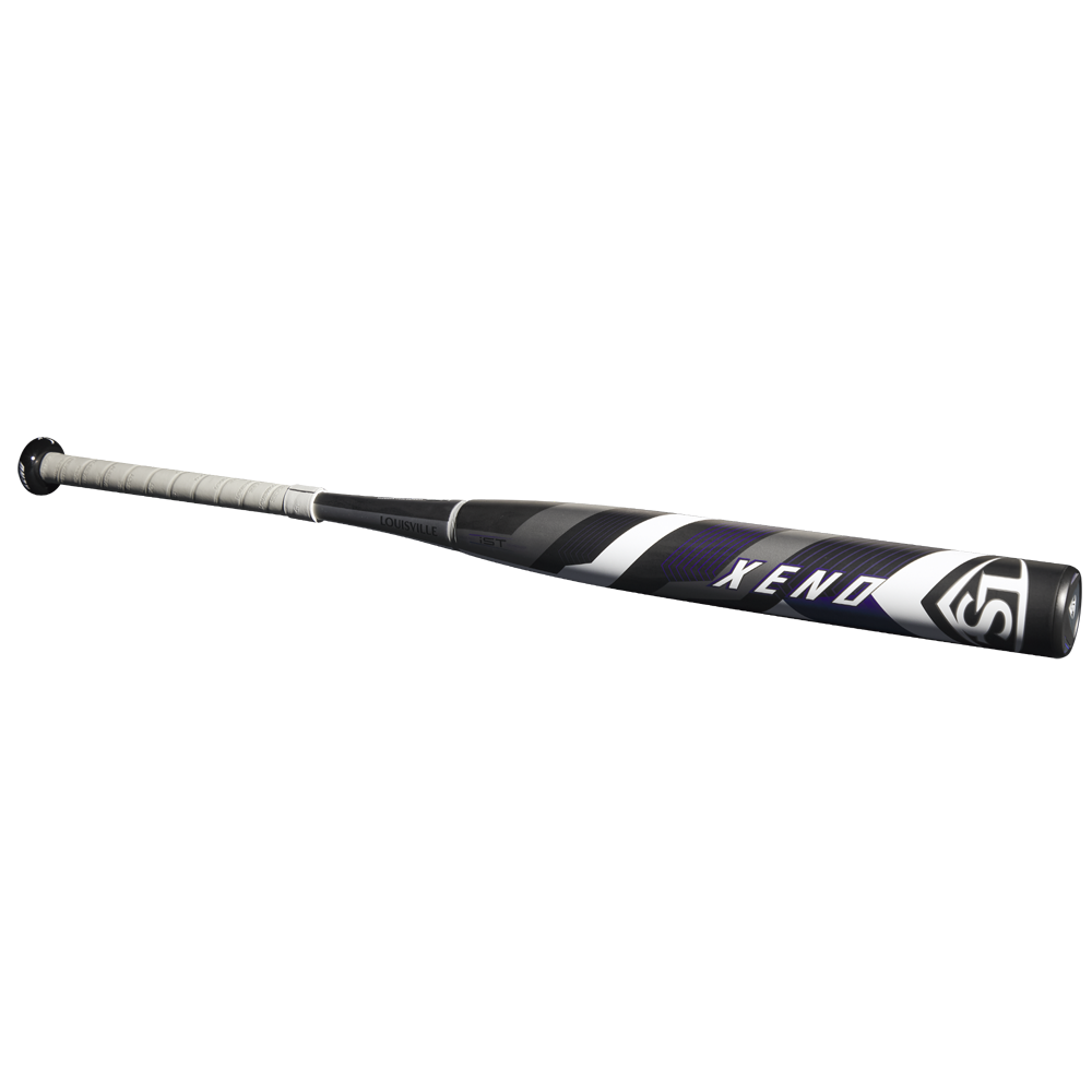 The 2025 Louisville Slugger Xeno (-9) Fastpitch Softball Bat (WBL2997010) features a black and white composite barrel and silver grip, shown on a white background.