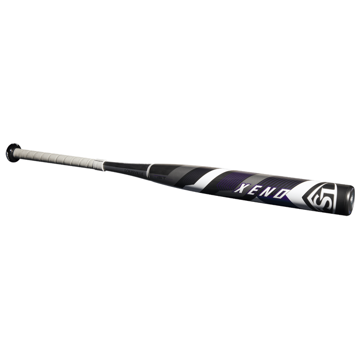 The 2025 Louisville Slugger Xeno (-9) Fastpitch Softball Bat (WBL2997010) features a black and white composite barrel and silver grip, shown on a white background.