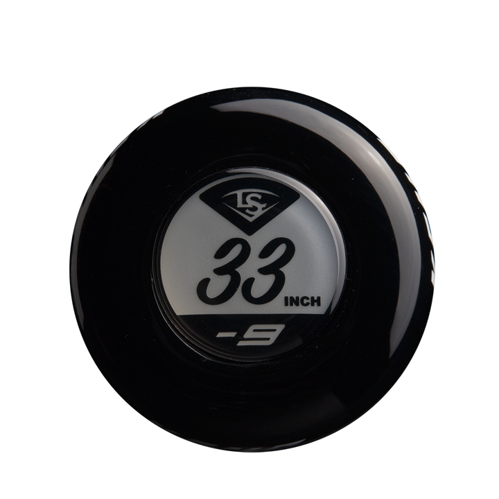The 2025 Louisville Slugger Xeno (-9) Fastpitch Softball Bat knob features a black and silver design with "33 INCH" and "-9," plus the Louisville Slugger logoâideal for your next composite barrel bat.