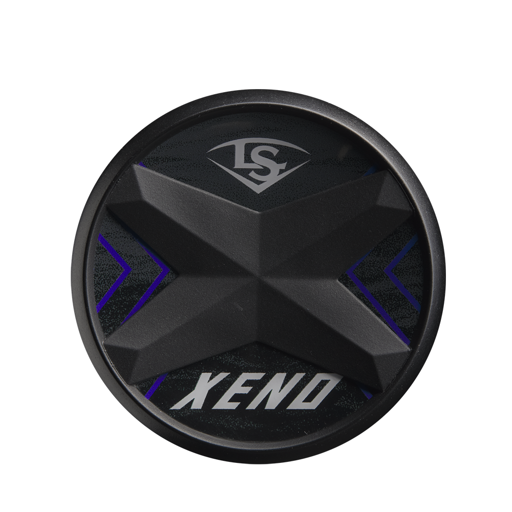 A round black object with a raised X design in the center, “XENO” at the bottom, a stylized LS logo at the top, inspired by the 2025 Louisville Slugger Xeno (-9) Fastpitch Softball Bat (WBL2997010), all on a dark background with purple accents.