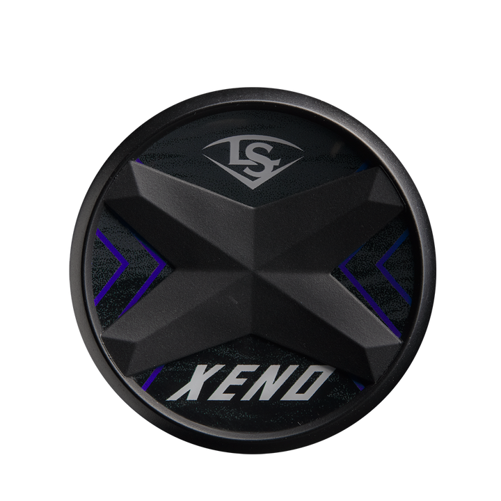 A round black object with a raised X design in the center, âXENOâ at the bottom, a stylized LS logo at the top, inspired by the 2025 Louisville Slugger Xeno (-9) Fastpitch Softball Bat (WBL2997010), all on a dark background with purple accents.