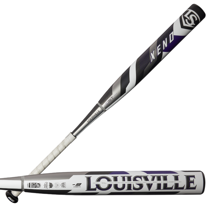 Two views of the 2025 Louisville Slugger Xeno (-9) Fastpitch Softball Bat (WBL2997010), featuring a silver, black, and purple composite barrel with bold Louisville Slugger and Xeno branding.
