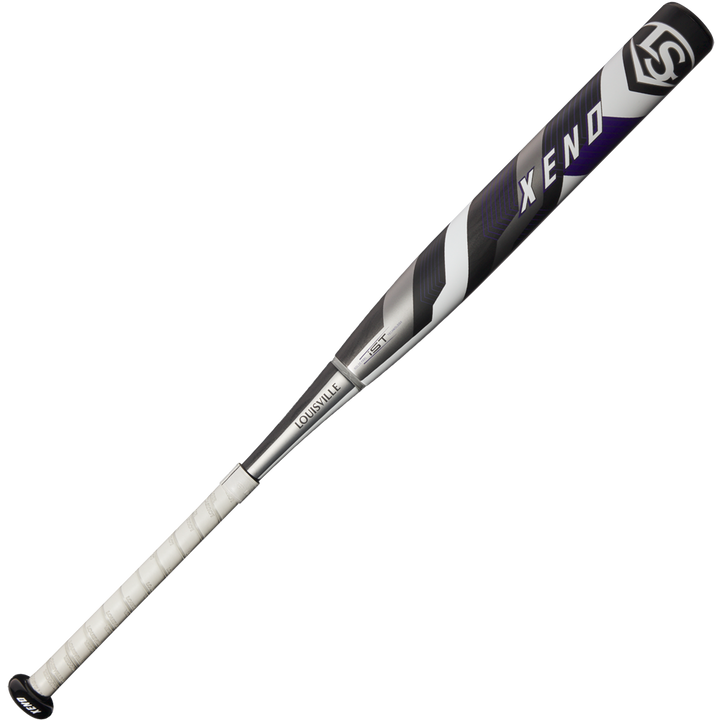 The 2025 Louisville Slugger Xeno (-8) Fastpitch Softball Bat (WBL2998010) showcases a silver, black, and white design with a composite barrel, white grip, and bold XENO lettering.