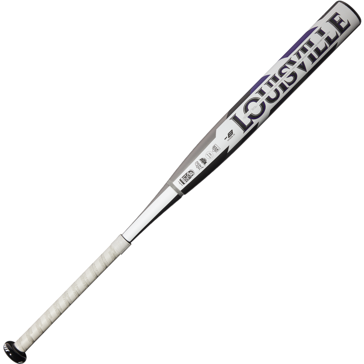 The 2025 Louisville Slugger Xeno (-8) Fastpitch Softball Bat (WBL2998010), silver and black with a white grip and composite barrel, is displayed diagonally on a plain white background.