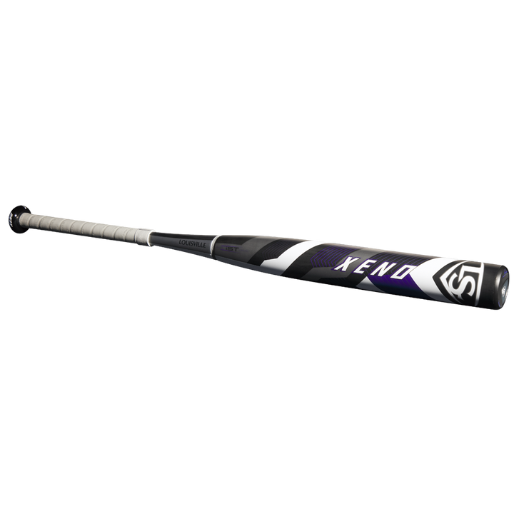 The 2025 Louisville Slugger Xeno (-8) Fastpitch Softball Bat (WBL2998010) features a black, white, and purple design with a composite barrel and white grip, displayed on a plain white background.