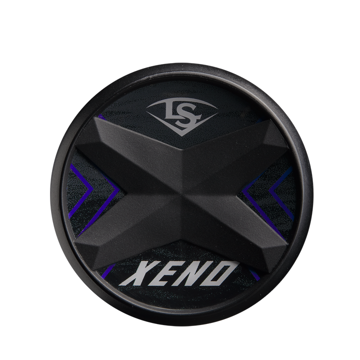 A black circular object with an x-shaped design, evoking the bold graphics on the 2025 Louisville Slugger Xeno (-8) Fastpitch Softball Bat (WBL2998010) by Louisville Slugger.