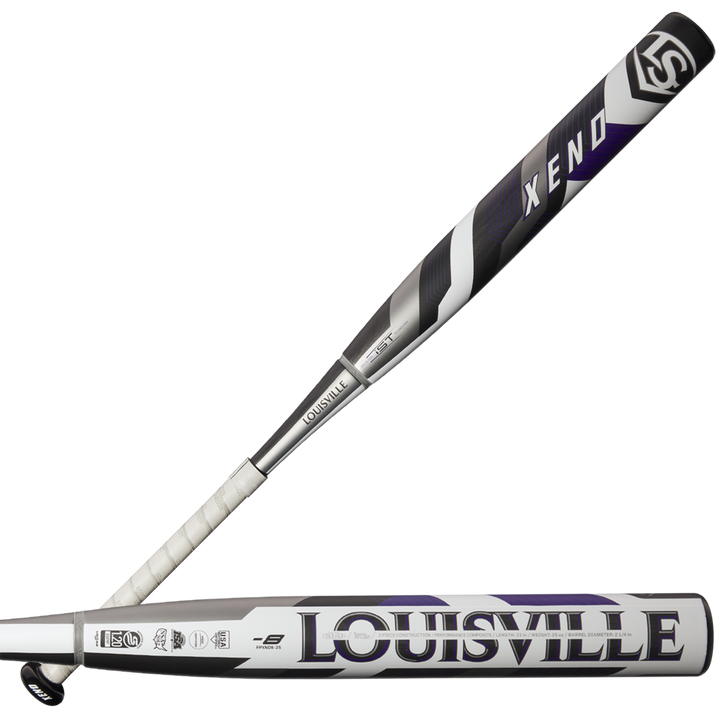 The 2025 Louisville Slugger Xeno (-8) Fastpitch Softball Bat (WBL2998010) features a black, white, and purple design with "LOUISVILLE" in large letters on the composite barrel and "XENO" near the end.