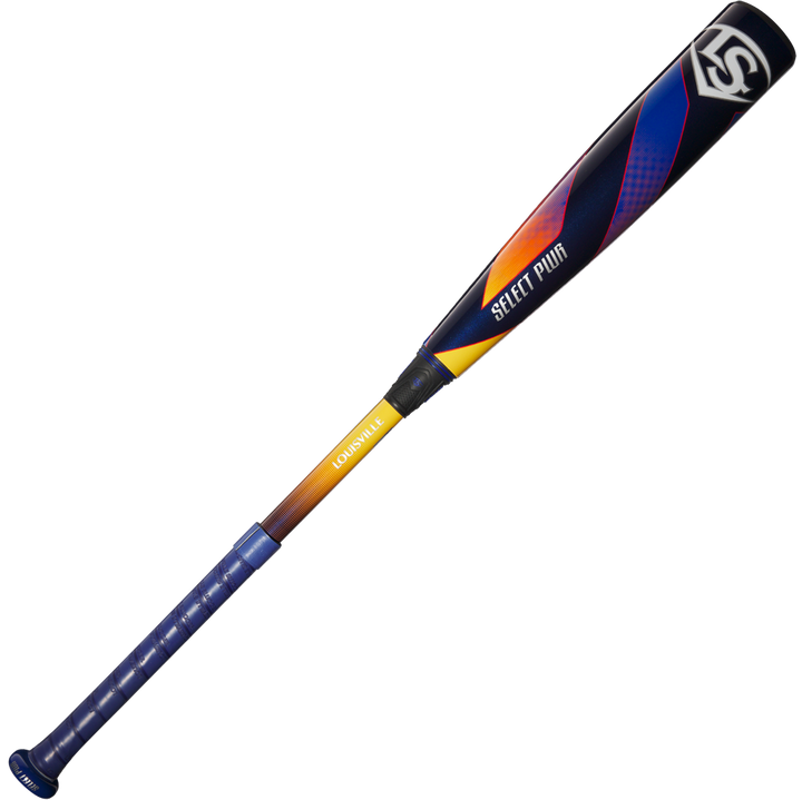 The 2025 Louisville Slugger Select PWR (-10) 2 5/8" USA Baseball Bat (WBL4008010) features a blue handle, yellow accent, black alloy barrel with red, orange, and blue designs plus the LS logo—a balanced youth bat for top performance.