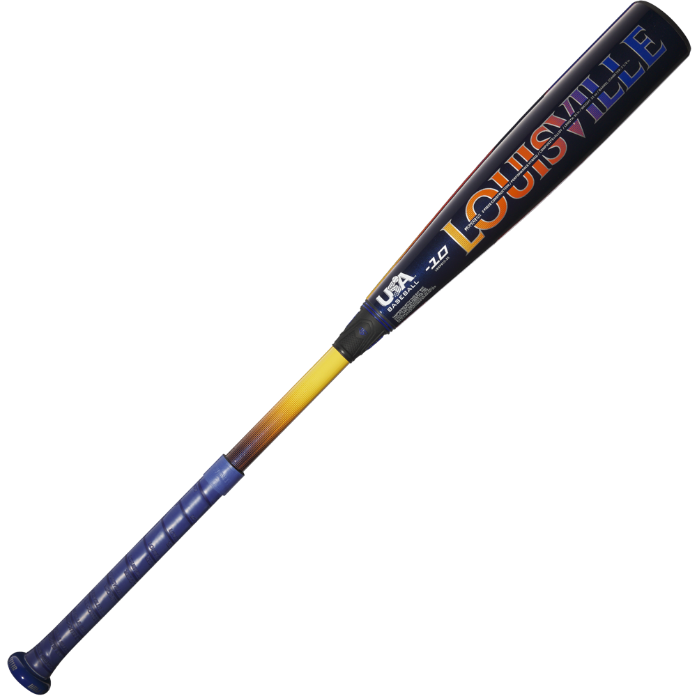 The 2025 Louisville Slugger Select PWR (-10) USA Baseball Bat (WBL4008010) is balanced with a blue grip, yellow-to-orange gradient handle, and a black alloy barrel displaying the colorful Louisville Slugger brand name.
